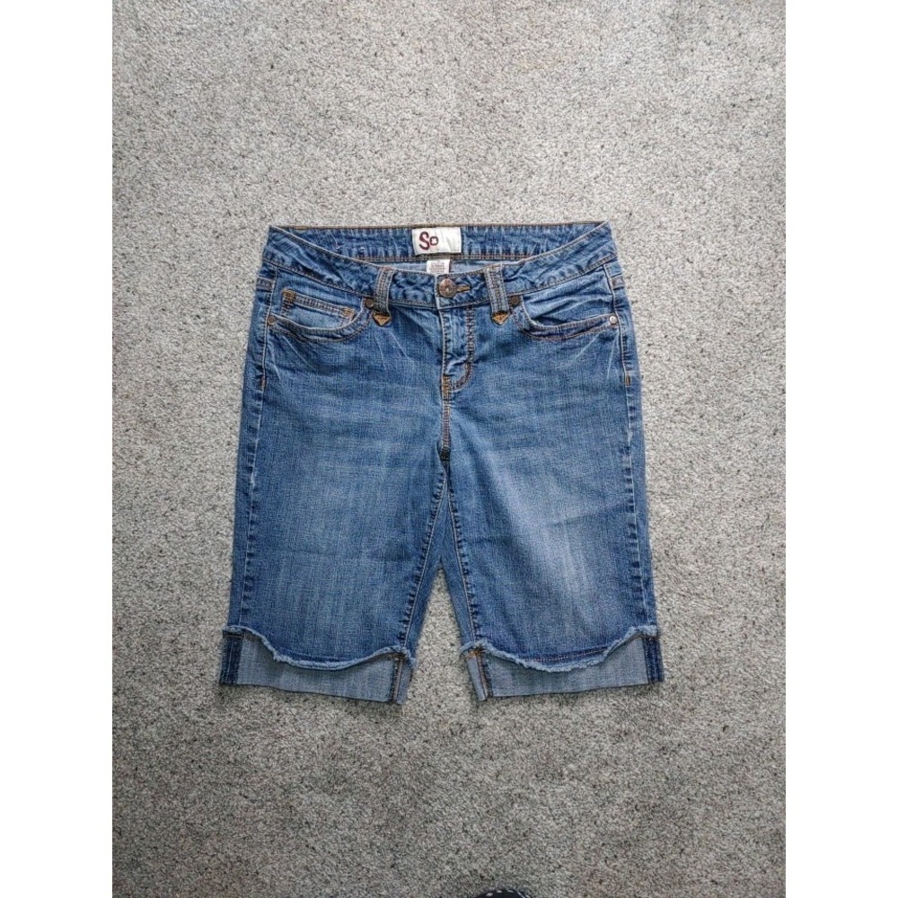 Jorts Womens Juniors Sz 7 Denim Y2K Bermuda Shorts Cuffs Distressed Stretch